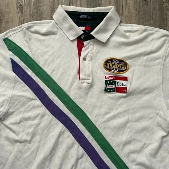 Vintage Tommy Hilfiger Team Lotus F1 Racing Rugby Polo Striped Shirt Size L - Picture 2 of 8